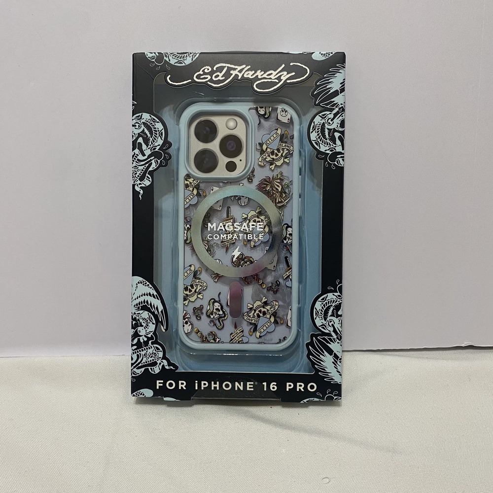 Ed Hardy Love Kills Slowly‎ Tattoo Phone Case iPhone 16 Pro MagSafe Y2K Blue NWT